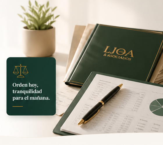 Carpeta corporativa, documentos financieros, pluma y planta sobre escritorio